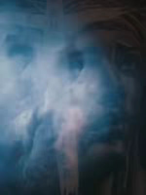 An ethereal image dominated by blues and whites evokes a sense of mystery. A blurred face, possibly of a blonde person, is suggested within a smoky, cloud-like background, lending a dreamlike, almost spiritual quality. The composition is vertically oriented, with the face positioned in the upper center, surrounded by softly diffused light and shadow. The overall aesthetic is subdued and contemplative.