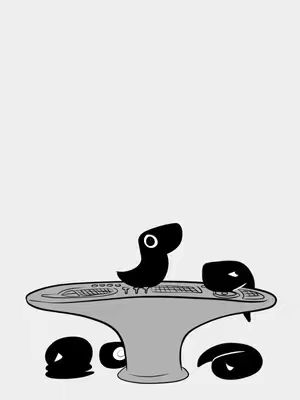 An illustration presents a gray, stylized circular object at the center, possibly a representation of a futuristic table. Several black silhouette figures, resembling abstract creatures with a single white eye, are placed around the table. The image has a minimalist, monochromatic aesthetic. The creatures are placed around a oval table and are shown as a single form.