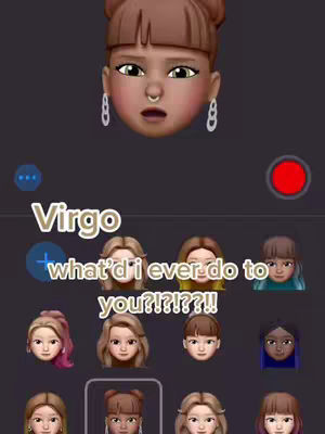 The image features a digital illustration of an emoji head, framed against a dark background. The emoji has a soft brown skin tone, styled with a top knot. Text overlays include the zodiac sign 'Virgo', and expressive phrases. The layout is framed by app interface elements, including selection and recording tools.