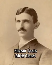 A sepia-toned portrait of Nikola Tesla from the chest up, with text overlaid at the bottom. The background has a gradient effect.