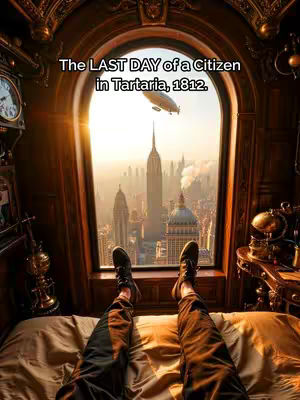 A bedroom interior with a large arched window overlooking a futuristic cityscape. The legs of a person in dark pants and shoes are visible, resting on a bed. The window frames the cityscape and a blimp.