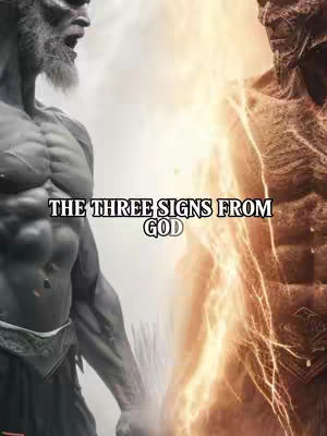 A split image featuring two muscular figures with a glowing light effect between them. Text overlayed in the center reads 'THE THREE SIGNS FROM GOD.' The figure on the left is gray-toned, seemingly stone-like with an open mouth. The figure on the right is a warmer tone, and the body appears to be on fire or surrounded by energy.