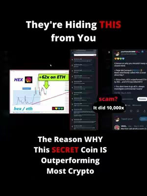 The cover image is a vertical design with a dark background. At the top, large white text reads "They're Hiding THIS from You," with the word "THIS" rendered in red. Below, various screenshots are arranged to convey information. On the left, a chart with the "HEX" logo and price movement (+62x on ETH) is displayed. In the center, there's a screenshot of a list-based interface; on the right, a social media post with engagement is visible. The lower section displays text: "The Reason WHY This SECRET Coin IS Outperforming Most Crypto". Composition highlights key metrics, with text and images in the composition.