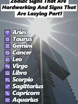 The cover image presents a vertical layout with text overlayed on a backdrop featuring a modern skyscraper and the sun's rays. Above, the text is in white font, indicating the video's topic about zodiac signs. Further down, the zodiac signs are listed with their symbols and names in a vertical column. The overall colors are a mix of whites, blues, and purples.