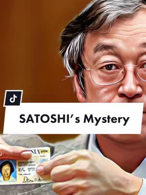 The image features a close-up of a man, likely of Asian descent and possibly a celebrity. He is wearing glasses and has a serious expression. A text overlay reads 'Satoshi's Mystery'. He is holding a card that seems like an official ID.