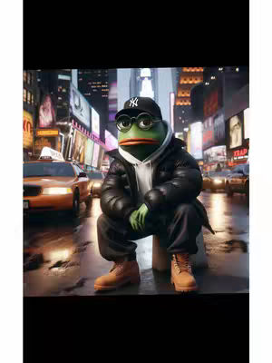 An image featuring a digital illustration of Pepe the Frog reimagined in a street-style outfit, set against a blurred cityscape background. Pepe is wearing a black NY Yankees cap, round glasses, a puffy black jacket, and work boots. He is crouching low on a wet-looking surface, with several illuminated signs and billboards in the background, suggesting a busy urban location, likely at night