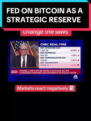 The cover image is a vertical graphic featuring a split-screen layout. At the top, a black rectangular banner displays white text that reads 'FED ON BITCOIN AS A STRATEGIC RESERVE.' Below this, a smaller red banner states 'change the laws' in white. The lower half of the image shows a split screen: on the left, a screen capture from CNBC featuring a man in a suit and tie speaking in front of an American flag, and on the right, a real-time display of stock market data. At the bottom, another red banner reads 'Markets react negatively' in white. The overall color scheme is dominated by dark blues, greens, and reds. The image's composition appears designed to convey a serious and informative tone regarding bitcoin and the stock market.
