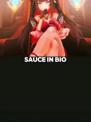 The cover image features an anime-style female character with long dark hair. She wears a red outfit with dark accents and holds a finger up to her lips, suggesting a secretive or alluring pose. The background is indistinct, with warm, glowing colors. Text overlayed at the bottom says 'SAUCE IN BIO'.