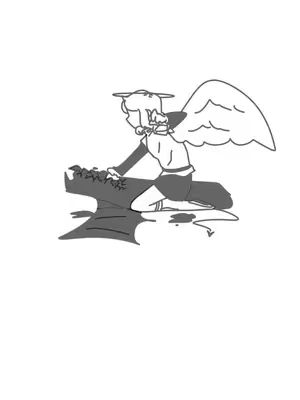 A line art drawing of an angel kneeling on top of a defeated demon. The angel has wings and a halo. The demon has bat-like wings and a long tail. The overall composition is monochrome, with the angel and demon rendered in shades of gray and the background white.