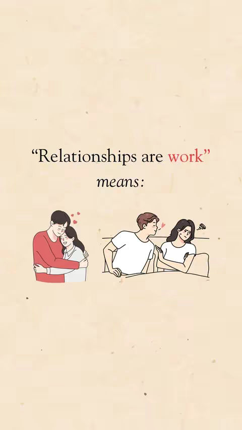 The image displays a beige background with two illustrative scenes. The first scene shows a couple sharing an embrace, with hearts floating above them. The second scene shows a man leaning toward a woman to kiss her cheek, while she looks annoyed and has a thought bubble appear. Text overlays the image: 'Relationships are work' means: