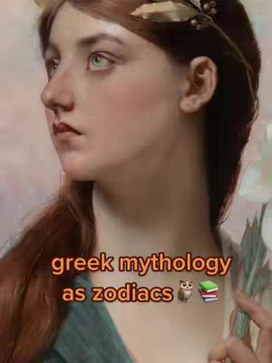 The cover image shows a classical painting of a woman in profile, facing left. She has fair skin, long auburn hair, and is adorned with a laurel wreath. Text overlayed on the image reads "greek mythology as zodiacs". The background has soft, blended colors, and the overall tone is elegant and ethereal.