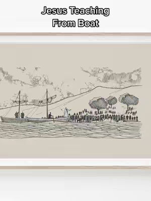 A sketch-style artwork depicting a boat on water with a figure, presumably Jesus, standing with arms outstretched. A crowd of people are gathered on the shore. The image has a soft, neutral color palette.
