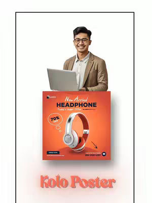 A man in a suit stands behind a poster featuring a headphone ad with a laptop in front of him.