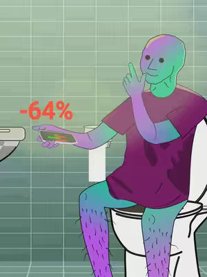An illustrated figure, resembling the meme 'NPC', is seated on a toilet in a green-tiled room. The figure, with a bald head and simple features, holds a phone displaying a negative percentage (-64%). The figure's skin transitions between blue and green, and their legs are covered in dark, hairy patches. The toilet and surrounding bathroom elements appear in the background.