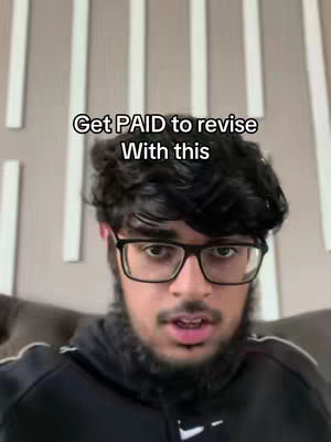 The cover image shows a young man with dark curly hair, glasses, and a beard, looking directly at the camera. Overlayed text in white at the top reads, 'Get PAID to revise With this'. The shot is taken indoors with a light-colored background divided by vertical lines.