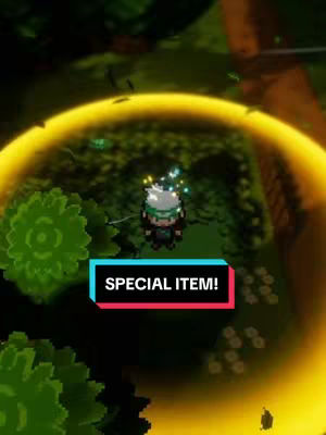 A top-down view of a pixelated game environment featuring a character standing on a patch of green grass. The scene is surrounded by trees and has a yellow glow effect. A text overlay at the bottom reads 'SPECIAL ITEM!'