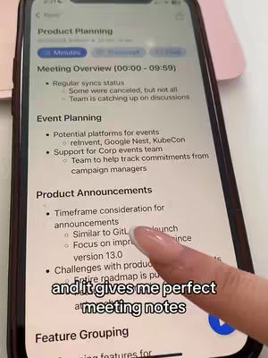 A mobile phone displaying a detailed list with bullet points titled "Product Planning", with a finger from a hand with manicured nails pointing at the screen, and a text overlay below.
