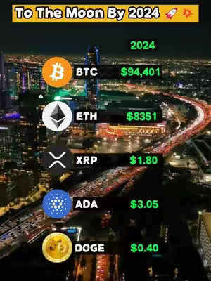 A night time city scene with a highway lit up with traffic. The image displays a list of cryptocurrencies including their logos and listed prices arranged vertically on top of the city background. A yellow banner is on the top of the image with the title To The Moon By 2024