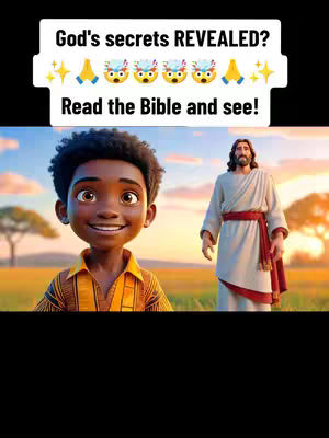 The image features a vibrant, animated scene with two main figures against a bright, outdoor backdrop. On the left, a cartoonish, Black child is smiling, dressed in an orange shirt with a detailed pattern. Next to him on the right is Jesus, depicted with long, brown hair and a white robe. The background shows a blue sky, grassy ground, and parts of the landscape including trees or hills. A white banner with text is placed at the top.