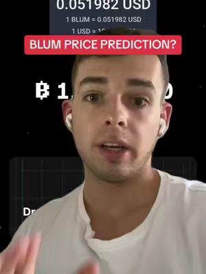 A man in a white t-shirt is centered in front of a black background. A red rectangular overlay at the top reads 'BLUM PRICE PREDICTION?'. Above the man's head are text and a digital graph. He wears white earbuds. The overall composition is a selfie-style shot focused on the creator and the overlaid information.