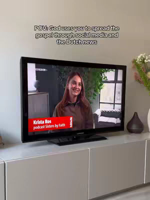 The cover image shows a screen displaying a woman on television, likely from an interview or news segment. Text overlayed on top reads "POV: God uses you to spread the gospel through social media and the Dutch news". The setting includes a modern home interior, suggesting a living room or similar space.