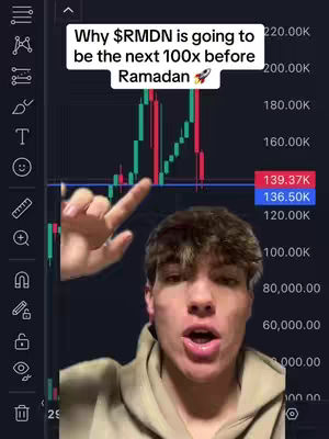 A young man with short brown hair is centered in the frame, looking directly at the camera with an open mouth, as if speaking. He wears a neutral-colored hoodie. Behind him, a screen displays a green and red candlestick chart, suggesting a financial analysis. In the upper left corner, there is a white text box with black text that is calling out an upcoming event relative to a token. A finger points towards the chart, adding a dynamic element.