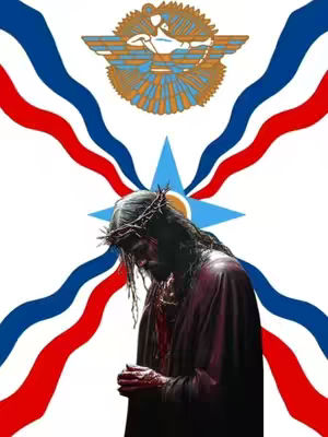 The image features a somber depiction of Jesus, crowned with thorns, in front of a backdrop with a stylized Assyrian flag design. Jesus is shown in dark robes, with blood visible, and his head bowed. The background includes a white field with red and blue wavy stripes, centered behind Jesus, and a blue star. The overall composition evokes a sense of reverence and religious symbolism.