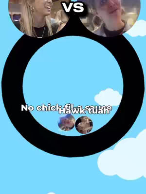 The image is a stylized composition featuring two circular profile pictures against a light blue sky background dotted with white cloud shapes. A large, black ring with text cut into it dominates the center. Above, text reads 'VS' between the profile pictures, and below, 'Hawk-tuah' and 'No chick-fil-a sauce' are seen. Two smaller profile pictures are centered.