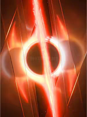 A graphic featuring a black hole with a bright orange and red glow, with linear shapes suggesting beams of light or energy radiating outwards. The central black hole is a dark circle with a bright ring, and a vertical streak of light passes through it.