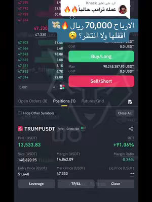 A screenshot of a trading platform displaying cryptocurrency charts and financial data. Key elements include price charts, profit and loss (PNL) figures, and buy/sell options. Text prompts in Arabic are overlaid on the image, asking questions about trading decisions.