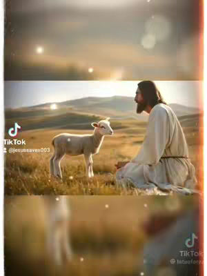 The image shows a serene, idyllic scene featuring Jesus and a lamb. Jesus, with flowing hair, is kneeling in a field, looking at a lamb standing before him. The background is a soft focus of rolling hills with a warm, golden light suggesting either sunrise or sunset, and a few glowing orbs that indicate a divine atmosphere. A TikTok logo and username are visible in the corner.