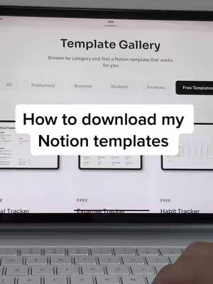 The cover image shows a digital display, likely a tablet or laptop, displaying a Notion template gallery. The interface features a white background with black text, categories such as Productivity, Business, Students, and Finances. The overlay hook text is on a white rectangle.