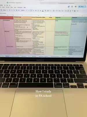 A laptop displaying a spreadsheet with color-coded sections. The keyboard is in the foreground with the screen behind it. Text overlayed on the touchpad says: "How I study in PA school"