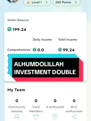 The cover image shows a screenshot of an app interface with the text overlay 'ALHUMDOLILLAH INVESTMENT DOUBLE' in a colored rectangle. The layout includes wallet balance, income details, and team stats with a light blue and white color scheme.