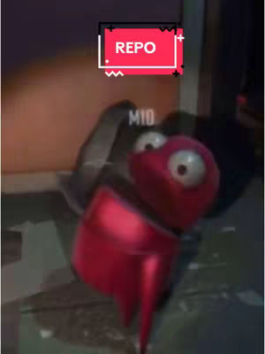 The image features a stylized, red animated character with two large, white eyes and a rounded body. The character appears to be positioned in a setting that is slightly obscured by shadows, with what appears to be a box in the background. A white, rectangular text overlay with a red border that says 'REPO' is positioned at the top of the shot.