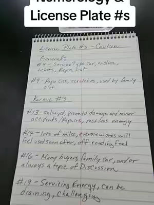 A photograph of a page from a spiral notebook, filled with handwriting and headings. The text is in dark ink and appears to be a list or notes on the topic of numerology and vehicle license plates. The notebook is open flat on what appears to be a black surface. The text is centered with a title on top in bold, clear lettering.