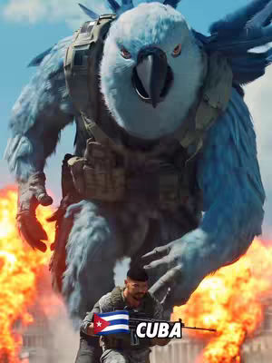 An eye-catching image featuring a large, blue, humanoid bird in military gear, seemingly in a war zone with explosions and a soldier holding a flag and the word CUBA.