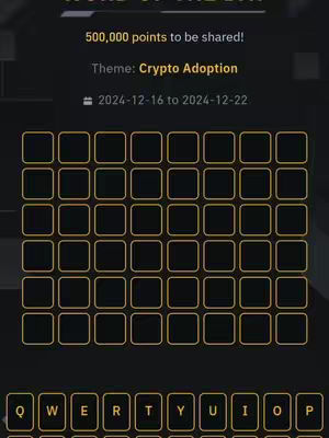 The image shows a game interface with empty boxes arranged in a grid, a keyboard with letters below. Text indicates a 'Word of the day' challenge for the Binance platform, with a theme related to 'Crypto Adoption.'