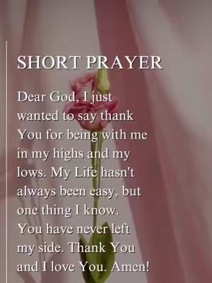 The image is vertically oriented with a soft, blurred pink background that resembles draped fabric. In the center is a medium-sized sprig of pink roses with a yellow bud. White text is layered on top of the image, starting with the title 'SHORT PRAYER' and followed by a prayer.