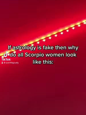 The cover image presents a red background with a string of small, yellow lights near the top. Overlayed on the image is white text asking a question about astrology and Scorpio women, along with a TikTok logo and username.