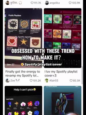 The cover image is a collage of screenshots. It primarily displays interfaces from the Spotify app, with a grid layout showcasing various public playlists created by different users. Text overlayed on the image poses a question about a particular trend related to Spotify playlist covers. The overall composition uses a mix of colors from the playlist covers, and the layout is designed to be visually engaging.