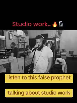 A monochrome image showing a man speaking into a microphone in a recording studio. The image is divided into three parts: the top, which has the text "Studio work..." in a red font and the fire emoji next to the microphone emoji; the middle, presenting the man speaking in the studio with another person in the background; and the bottom with the text overlay.