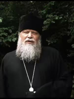 A medium shot of an older man with a white beard, wearing a black outfit and a black hat. He is standing in front of a blurred green background, likely trees. He has a solemn expression and is looking at the camera.