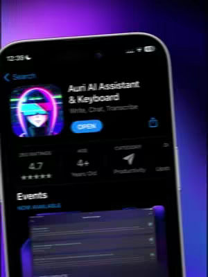 The cover image displays an iPhone screen showing the 'Auri AI Assistant & Keyboard' app listing in the App Store. The app icon features a stylized female figure with a futuristic design. The interface is dark, with a search bar visible. The app information is displayed in the form of a screenshot.