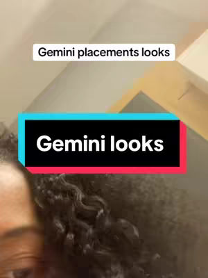 The cover image features a close-up of a person's face with dark, curly hair. Overlaid on the image are two text boxes. The top box says 'Gemini placements looks', and the bottom box, set against a black background with teal and pink borders, says 'Gemini looks'. The overall composition is simple, with the focus on the overlaid text.