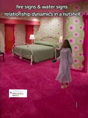 The image shows a bedroom with pink carpet and floral wallpaper. A bed with a green cover is in the background. A person in a white nightgown with dark hair is depicted as if floating or animated in the image.