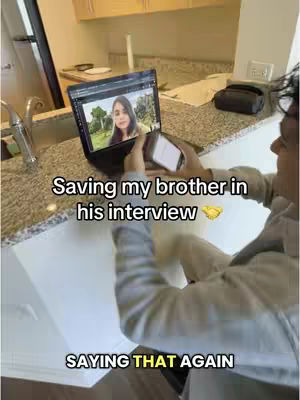 A person is holding a phone and a laptop. The laptop displays a video call with a woman. Text overlays on image.