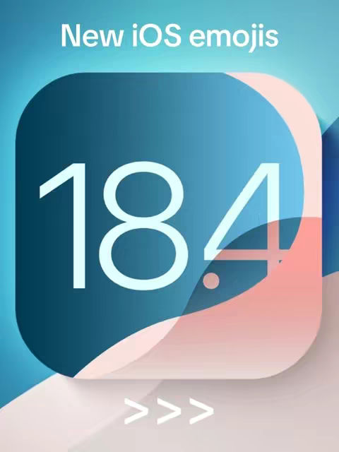 The image features a modern design with a blue and pink color scheme. The core element is a large, rounded square in the center, filled with a gradient transitioning from dark teal to light blue. Large white numbers '184' are prominently displayed within this shape, with the '184' subtly curved to fit the rounded edges of the central shape. Above this, the words "New iOS emojis" are placed in white. Below are three right-pointing chevrons.