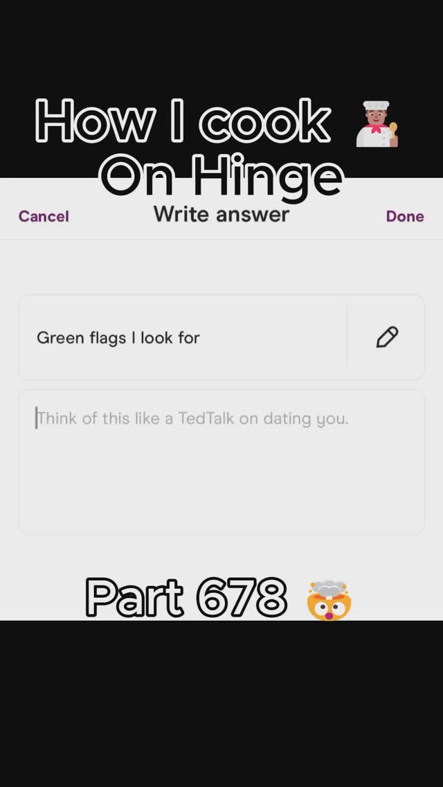 The cover image shows a screenshot of a Hinge profile with text overlays in a vertical layout. The top portion contains the title 'How I cook on Hinge' in white, bold font against a black background, with a chef emoji next to it. Below it is a section displaying a Hinge prompt in a white box with a question, and a text input. At the bottom it says "Part 678" with an owl emoji. The color scheme is primarily black, white, and soft purple.