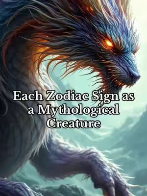 The cover image displays a digitally illustrated creature, a wolf-like figure with glowing amber eyes, set against a blurred backdrop of a mountain landscape. The creature dominates the frame, with its head and upper body prominent. The text overlay, "Each Zodiac Sign as a Mythological Creature," is positioned below the creature's head, in a white, bold font, with an implied alignment to the center of the illustration.